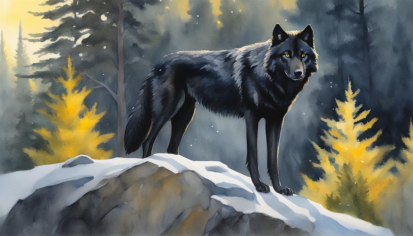 A majestic black wolf stands tall on a rocky cliff, its piercing yellow eyes scanning the forest below.</p><p>The moonlight casts a silver glow on its sleek fur, highlighting its powerful and regal presence