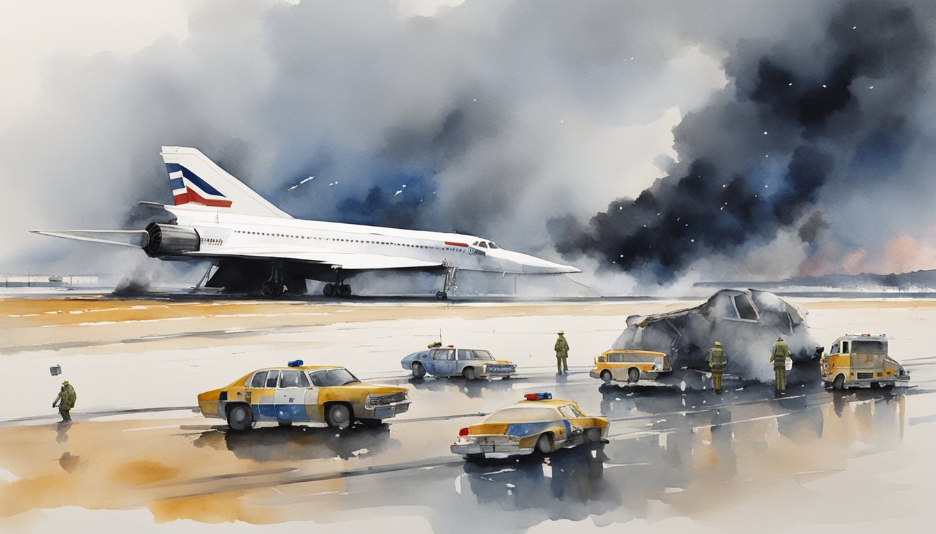 The smoking wreckage of the Concorde lies scattered across the runway as emergency vehicles rush to the scene, their lights flashing in the darkness