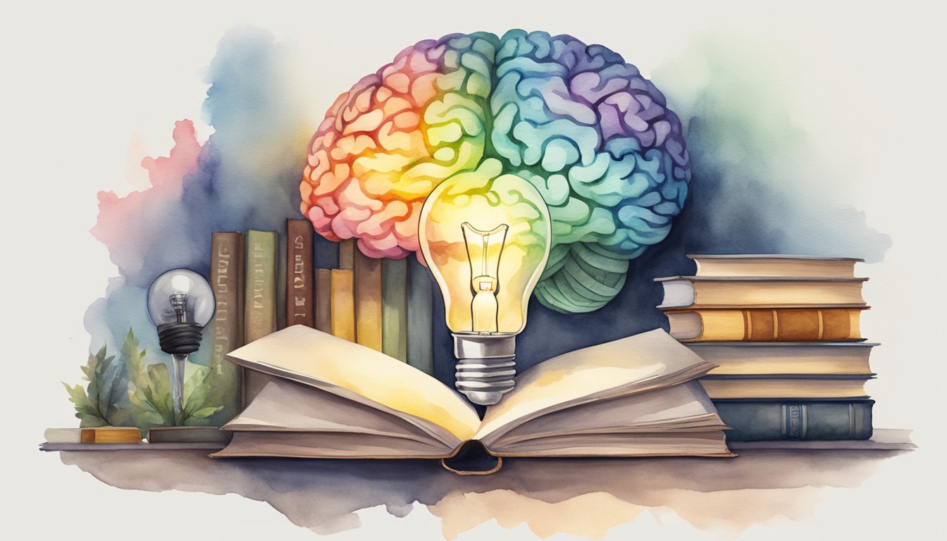 A brain with a lightbulb above it, surrounded by books and a calculator