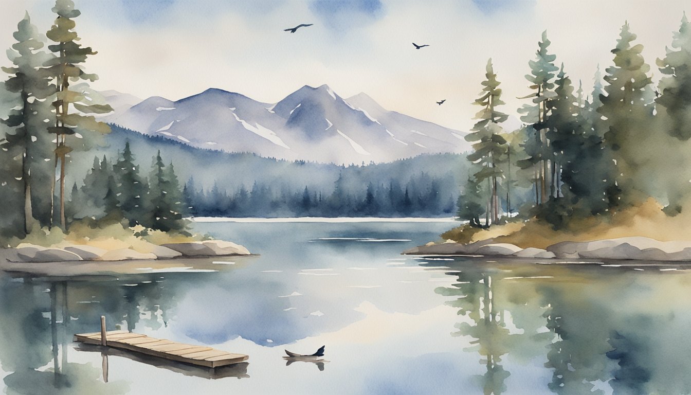 A serene lake reflecting the surrounding mountains, with a wooden dock stretching out into the calm water.</p><p>Tall pine trees frame the scene, and a few birds fly overhead