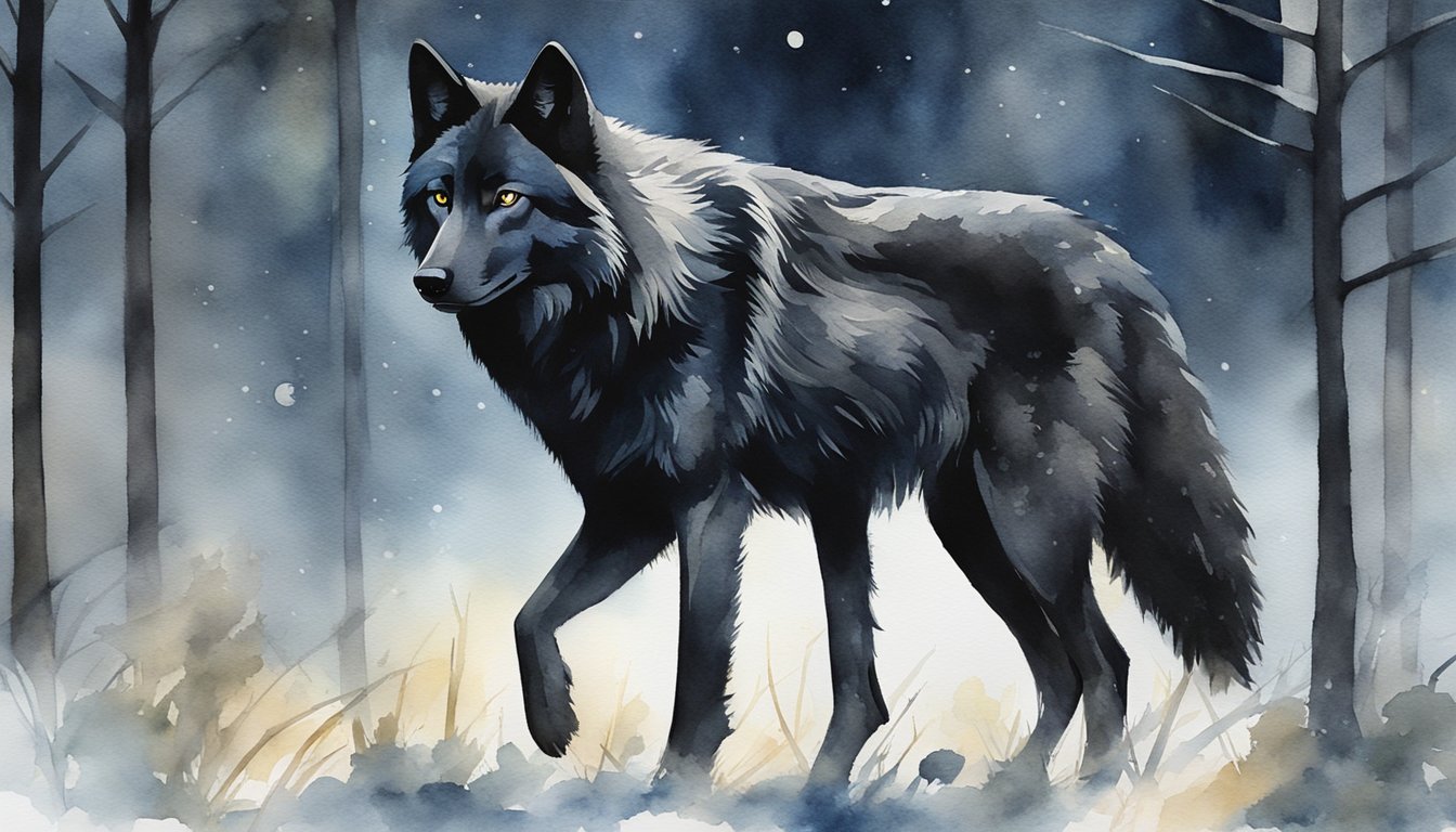 A black wolf standing in a moonlit forest, its sleek fur glistening in the dim light, with a sense of strength and mystery emanating from its powerful form