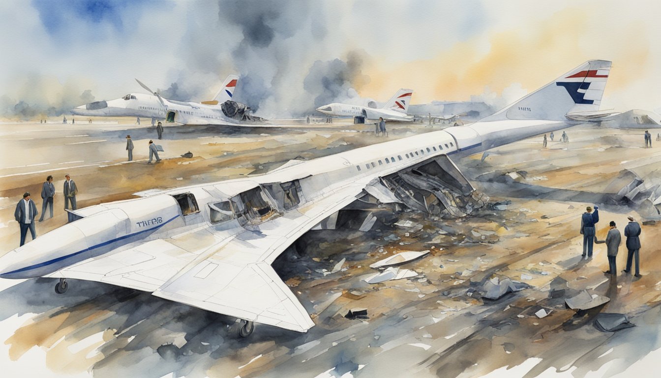 The aftermath of the Concorde crash, with investigators examining debris and officials discussing legal and regulatory implications