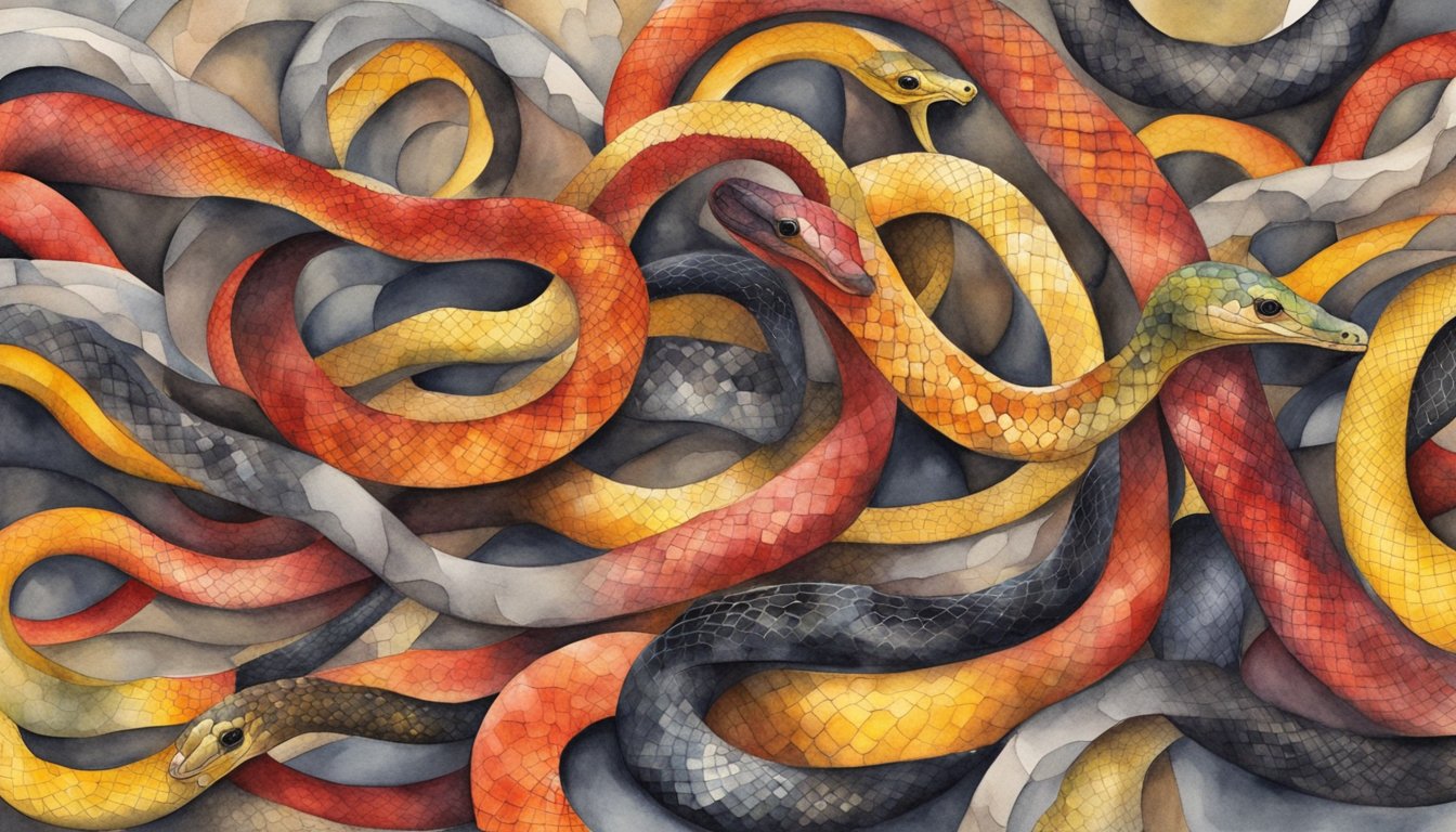 A vibrant red, yellow, and black snake slithers through a diverse and bustling marketplace, symbolizing cultural and social impact