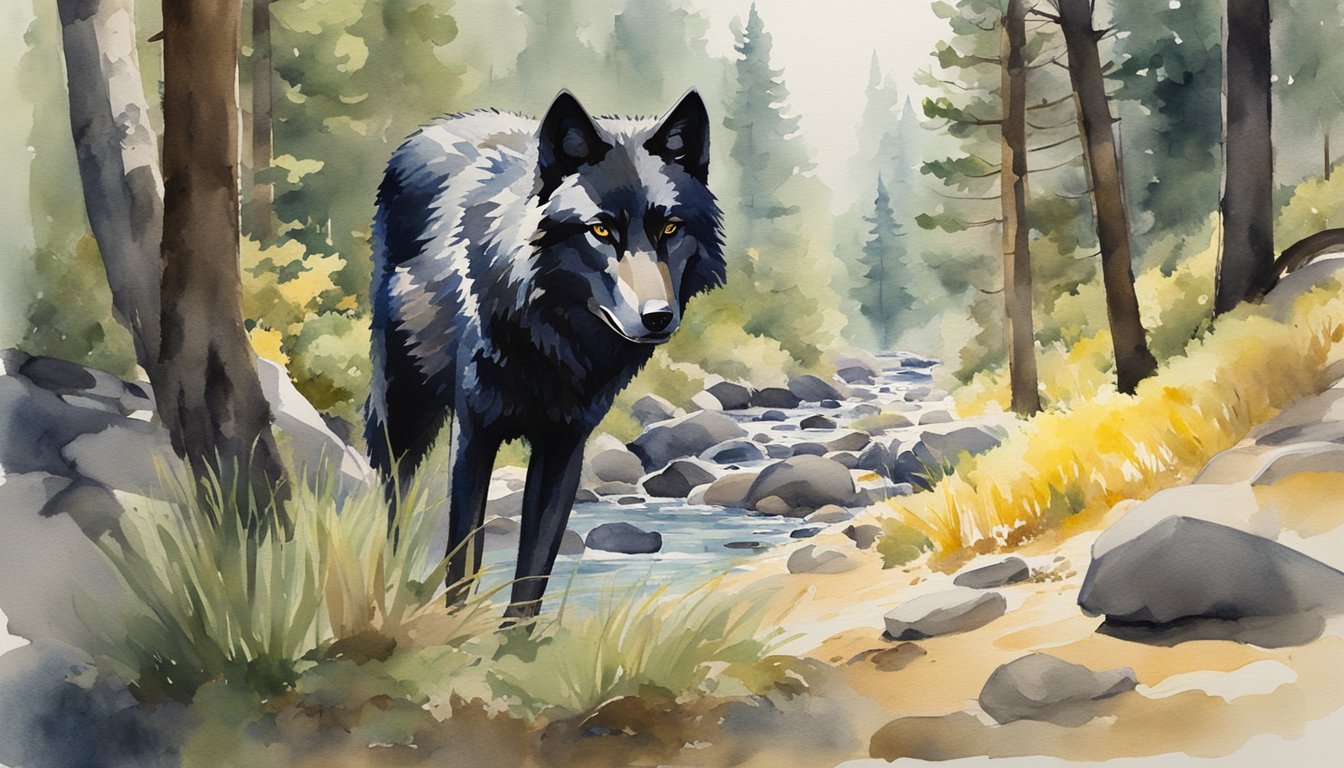 A dense forest with tall pine trees, rocky terrain, and a clear stream.</p><p>A solitary black wolf prowls through the underbrush, its yellow eyes gleaming in the dappled sunlight