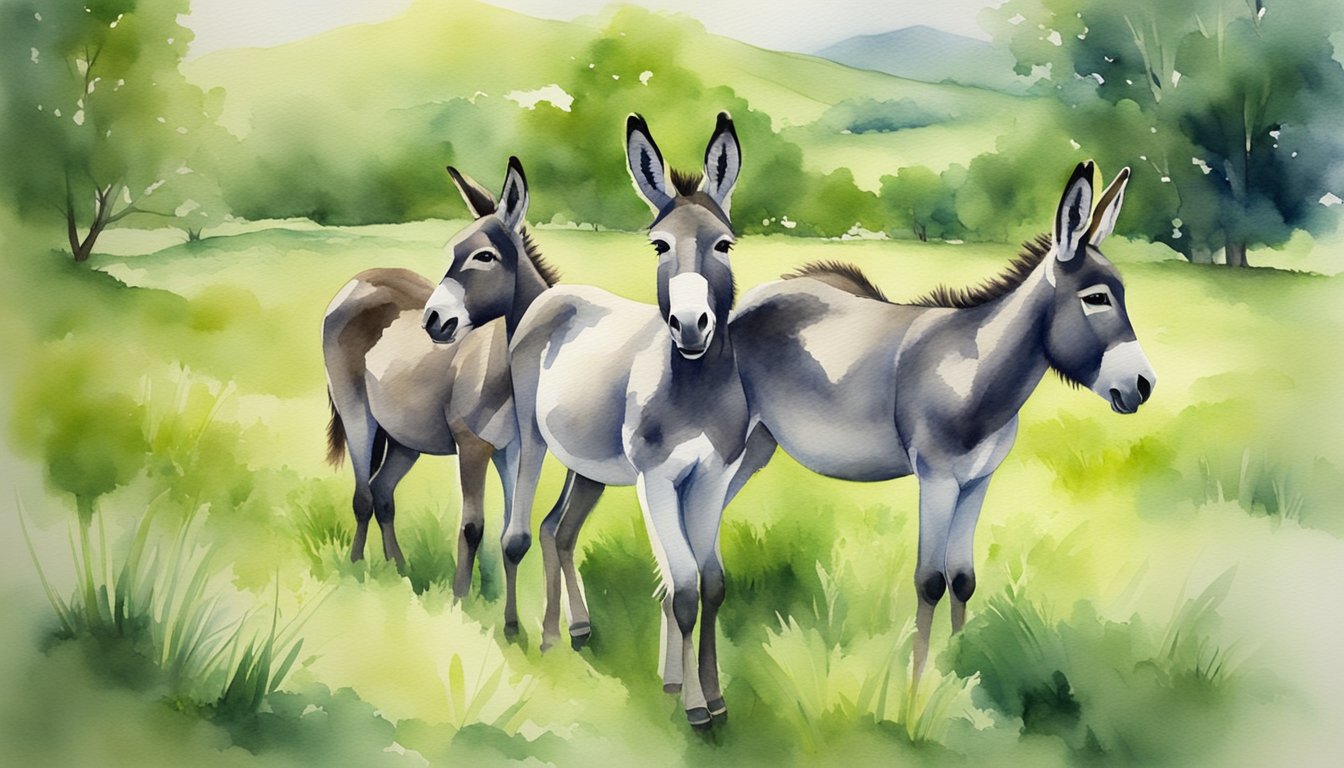 A group of donkeys grazing in a lush green field, radiating health and vitality, their robust immune systems evident in their strong and sturdy appearance