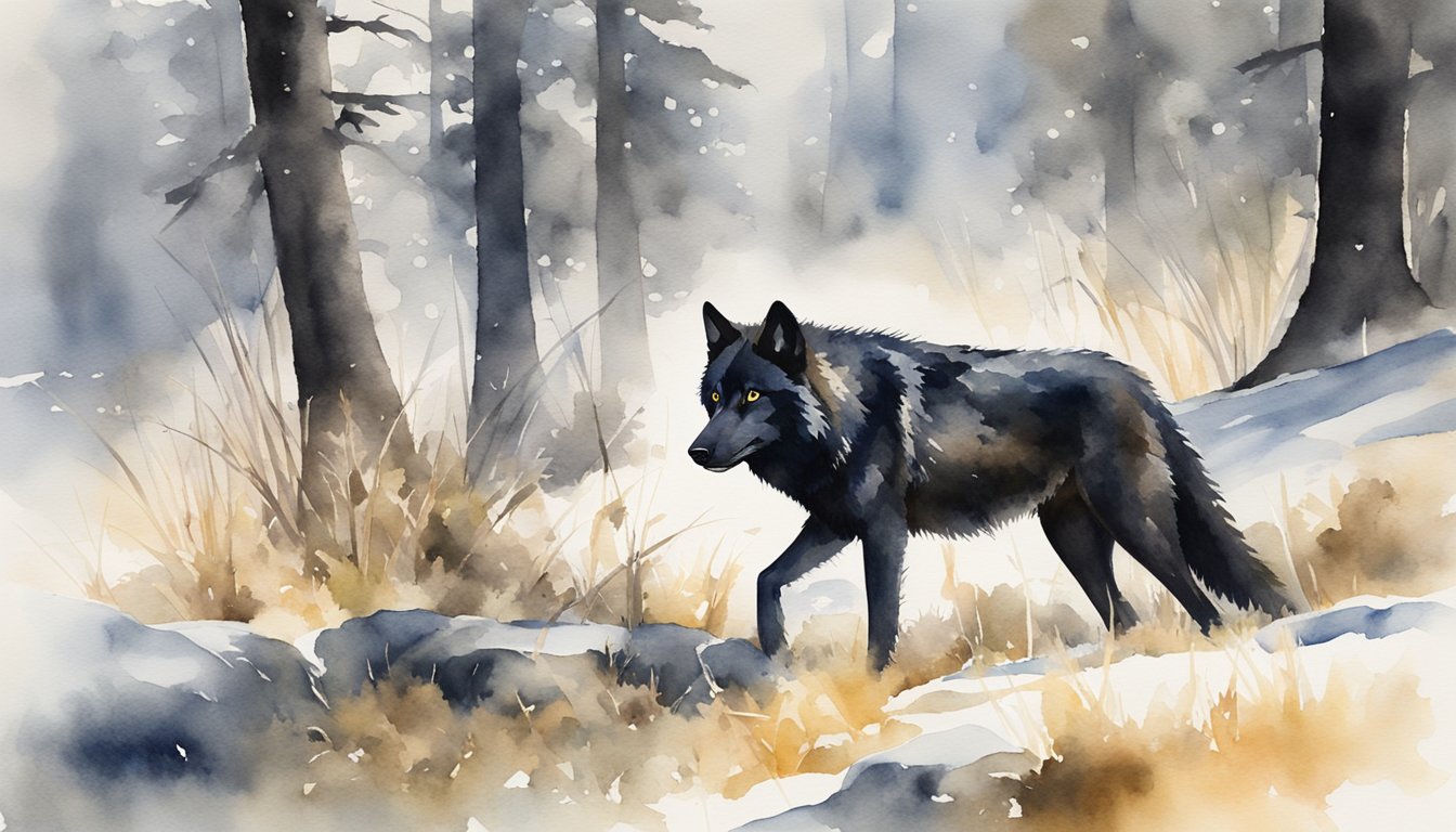 A black wolf stalks its prey, blending into the shadows.</p><p>It crouches low, ready to pounce with precision and speed