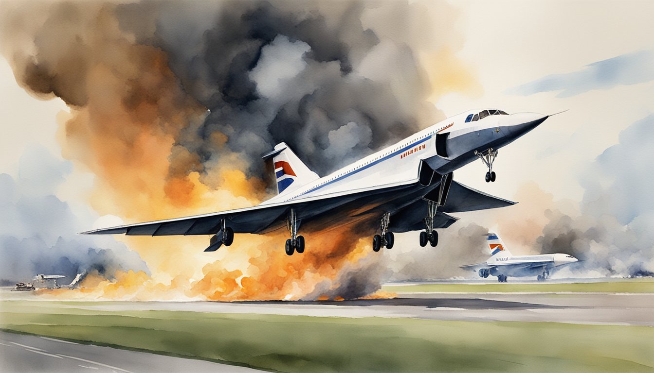 The Concorde jet crashes, causing a fiery explosion on the runway, with smoke billowing into the sky and emergency vehicles rushing to the scene