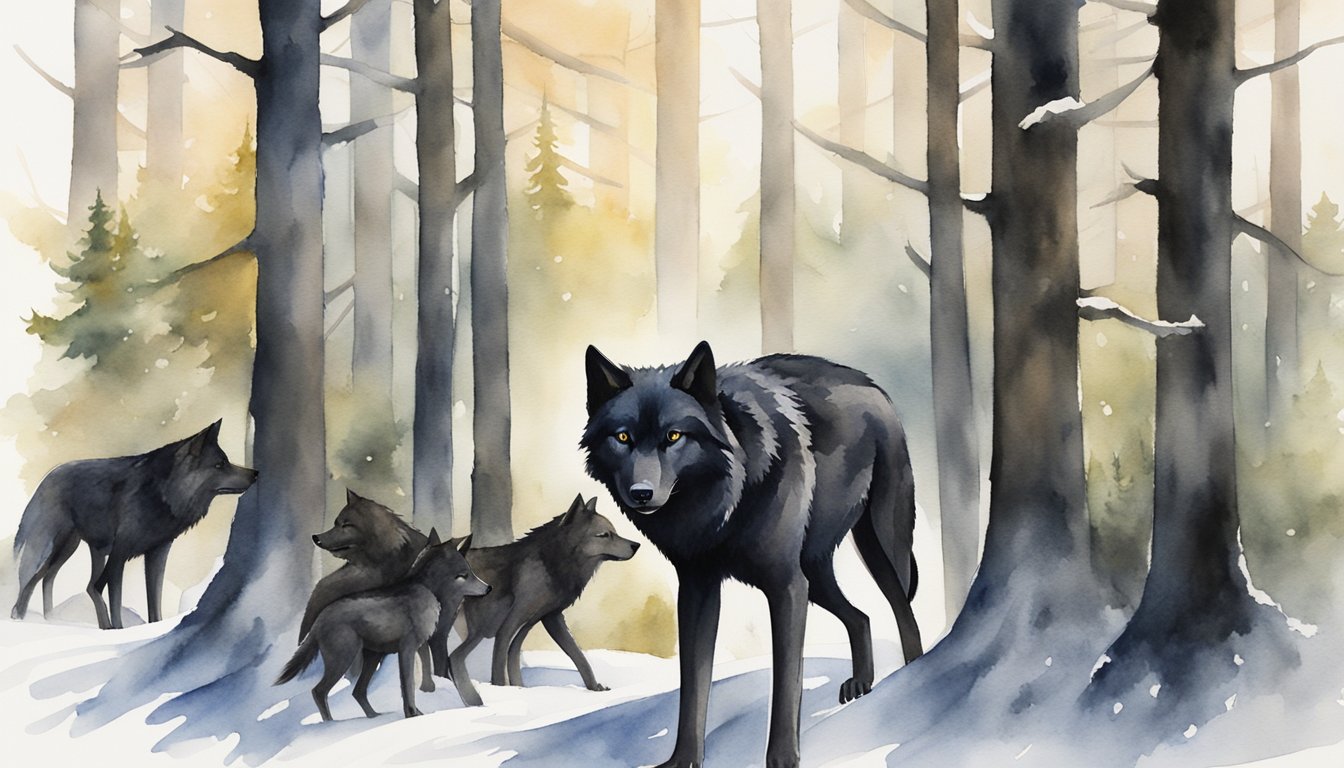 A black wolf stands tall, surrounded by a group of smaller wolves.</p><p>It exudes confidence and dominance, while the others show submission and deference