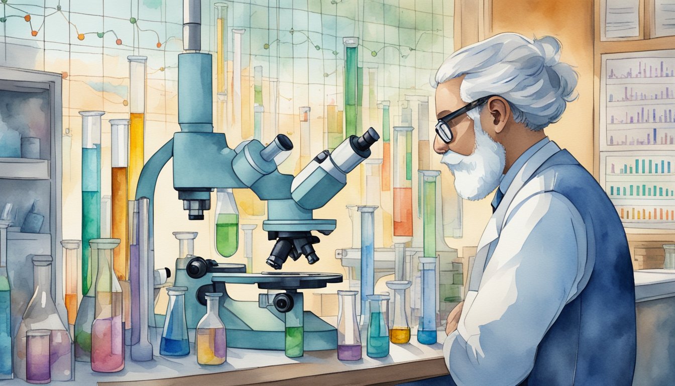 A scientist peers through a microscope, surrounded by beakers and test tubes, as data points and graphs fill the screen behind them