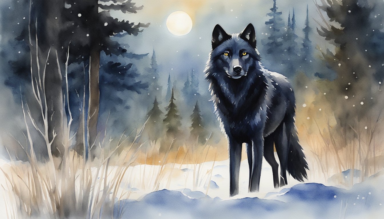 A black wolf stands tall, eyeing a group of deer cautiously.</p><p>Its sleek fur glistens in the moonlight, as it waits for the perfect moment to make its move