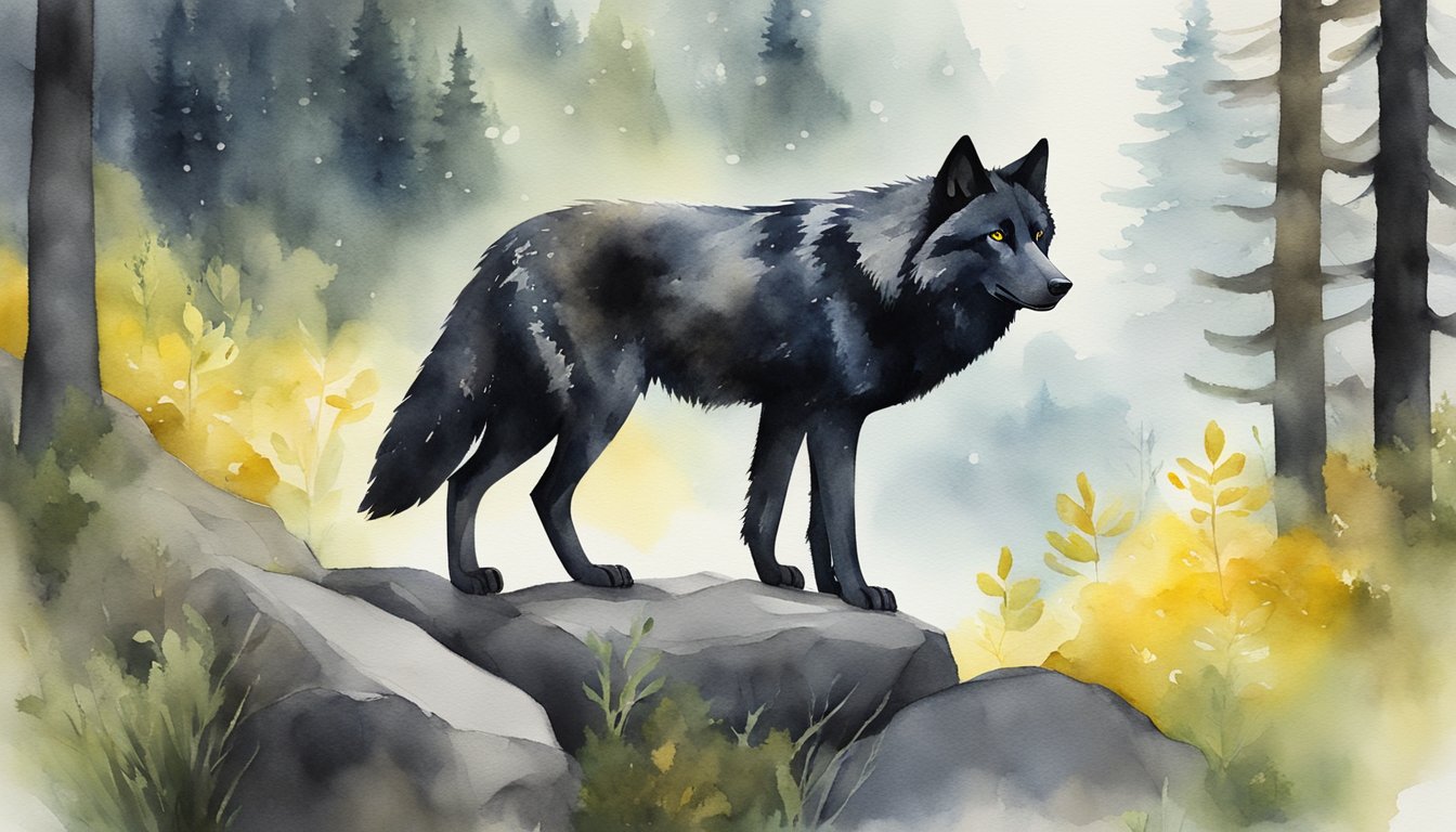 A black wolf stands on rocky terrain, surrounded by a lush forest.</p><p>Its piercing yellow eyes gaze into the distance, exuding an air of strength and mystery