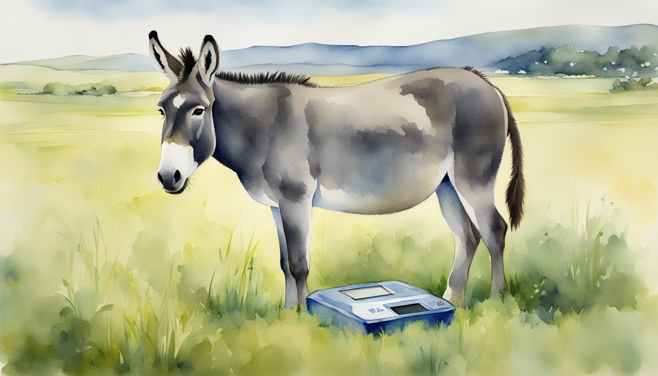 A donkey standing in a grassy field, with a weight scale nearby showing a range of 400-570 pounds