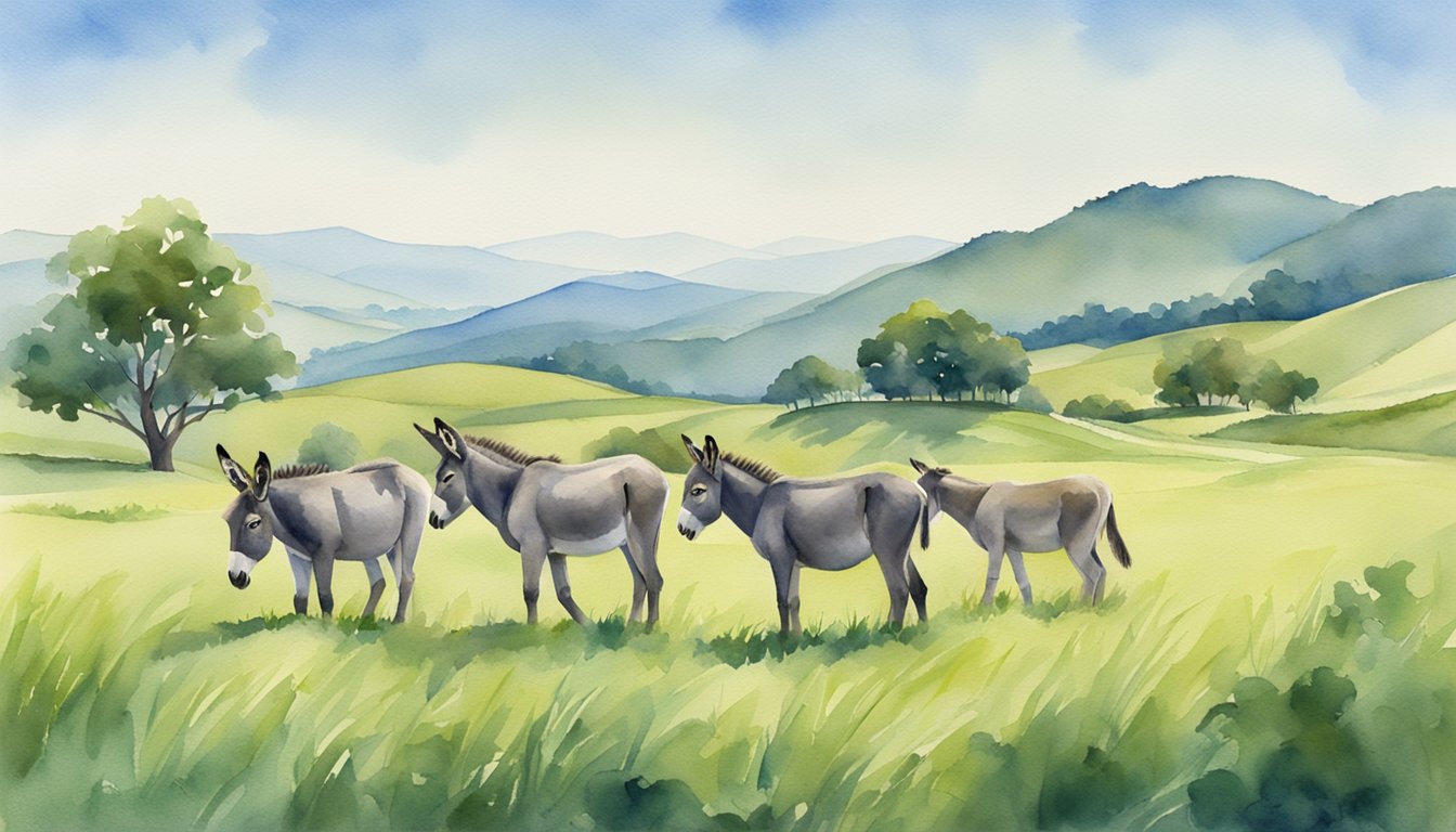 A group of donkeys grazing in a lush green field, with a backdrop of rolling hills and a clear blue sky.</p><p>Some are standing together, while others are wandering and exploring the area