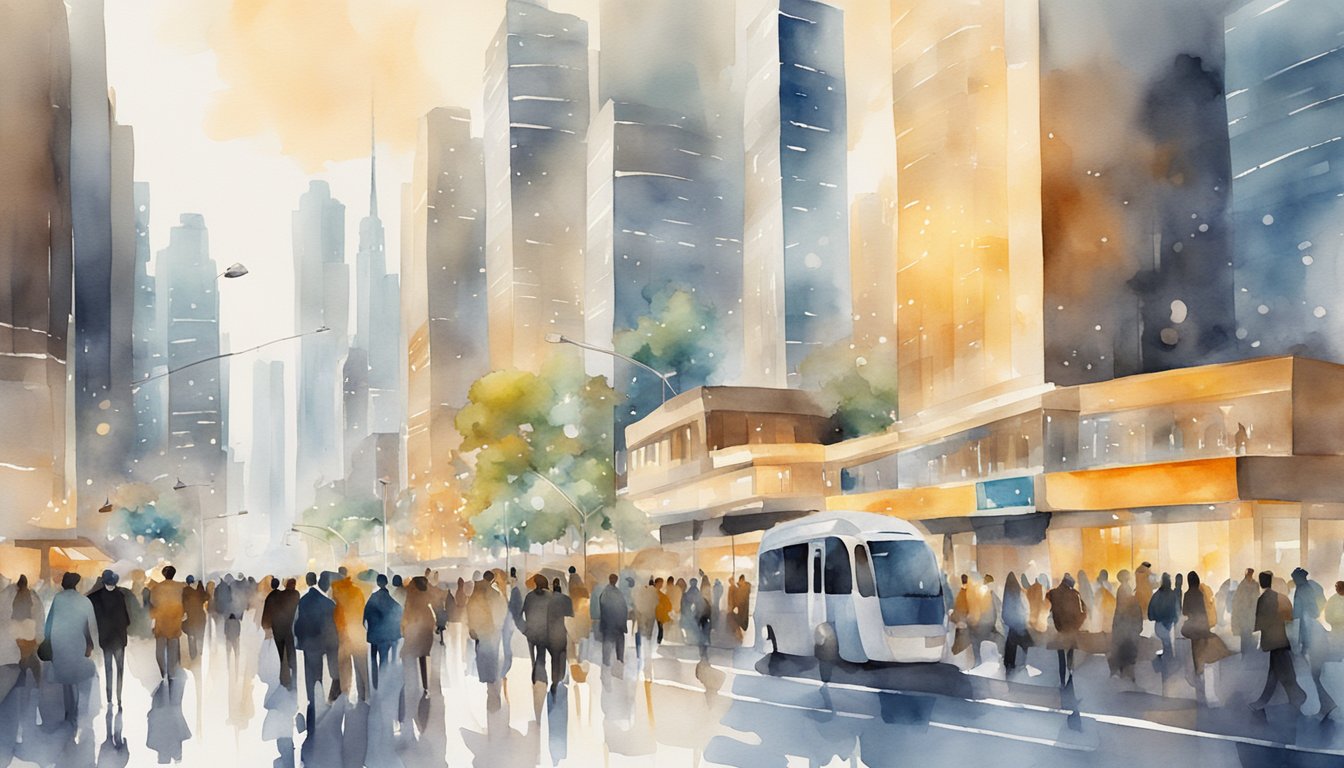 A bustling city street with diverse people and modern technology.</p><p>Bright lights, skyscrapers, and transportation.</p><p>Symbolic icons of innovation and progress