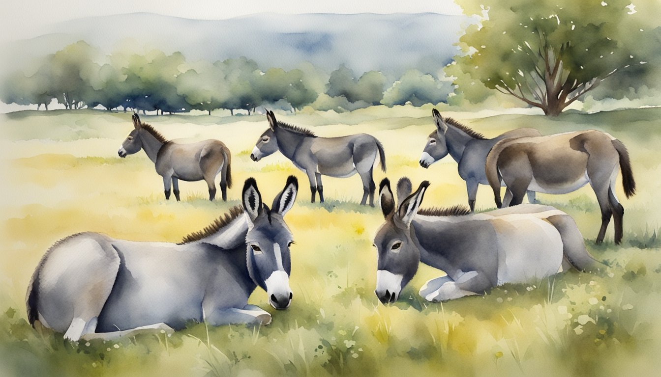 Donkeys grazing in a peaceful meadow, some napping while others playfully interact.</p><p>A dominant donkey leads the group, displaying social hierarchy