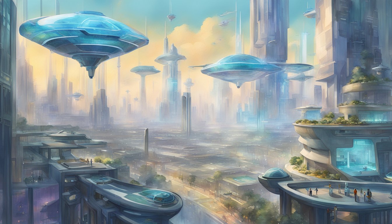 A futuristic cityscape with holographic displays and flying vehicles juxtaposed with a laboratory filled with cutting-edge technology and scientists conducting experiments