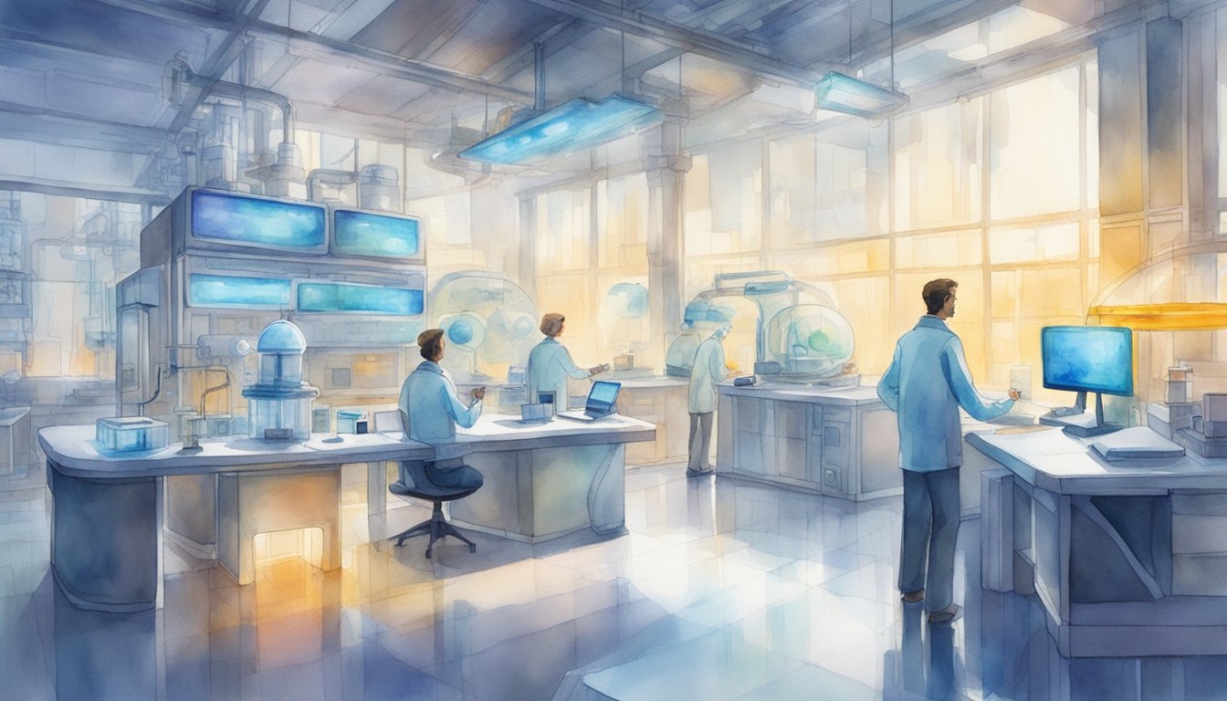 A futuristic laboratory with glowing portals and advanced equipment.</p><p>Multiple researchers analyzing data and conducting experiments.</p><p>A sense of innovation and discovery