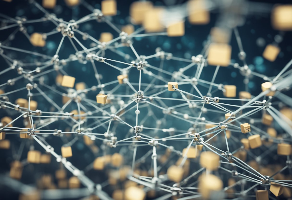 A network of interconnected blocks forming a secure chain, with mathematical equations and algorithms floating around, representing Zk-SNARKs in blockchain security