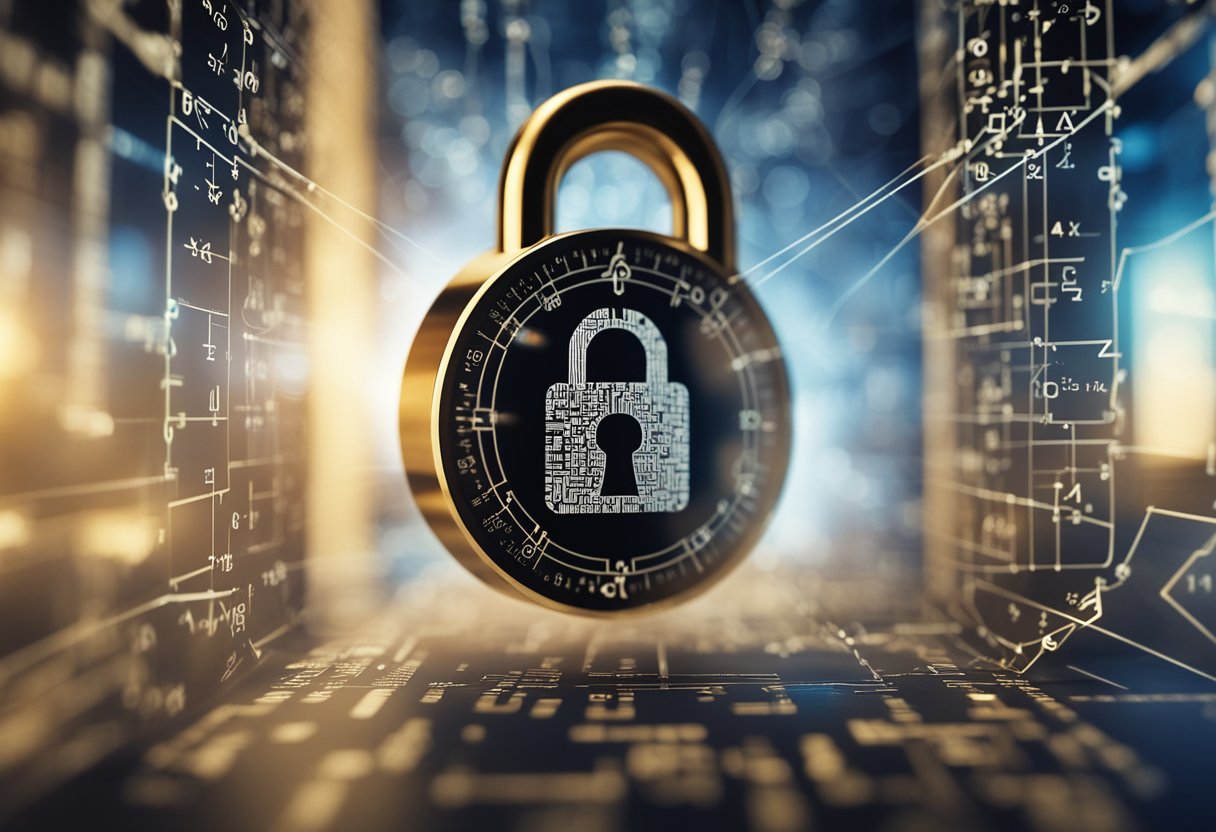 A lock with a keyhole surrounded by complex mathematical equations and symbols, representing the integration of Zk-SNARKs in blockchain security