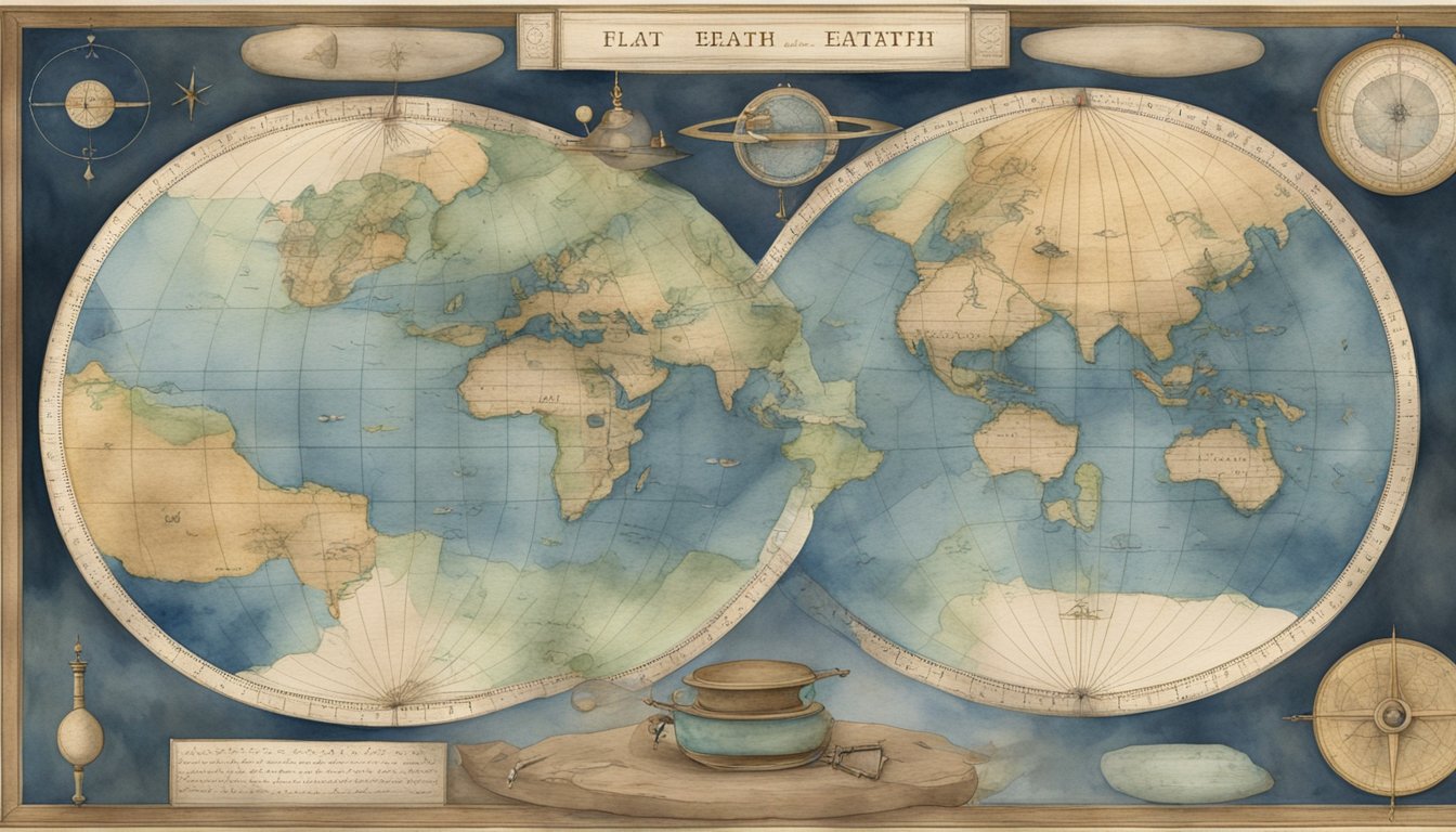 A flat earth map displayed with ancient navigational tools and celestial objects