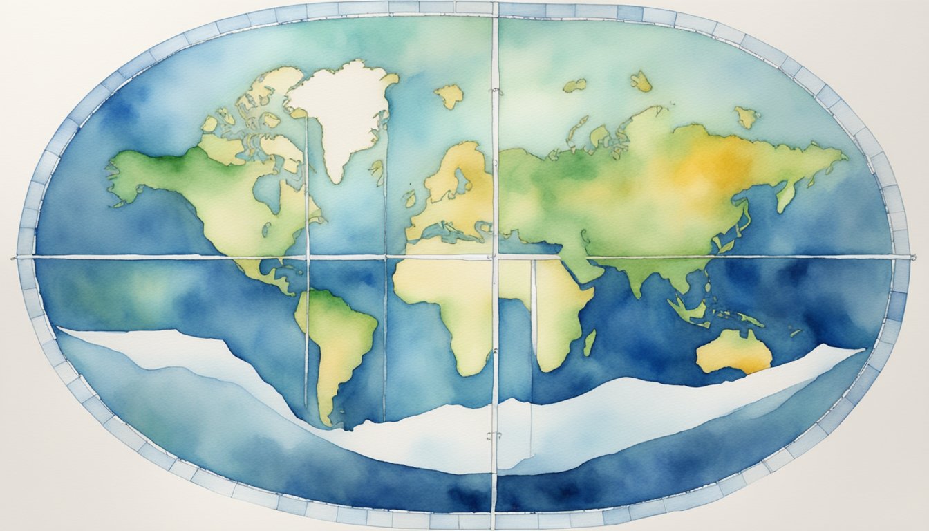 A flat Earth map with prominent ice wall, centered sun, and four cardinal directions