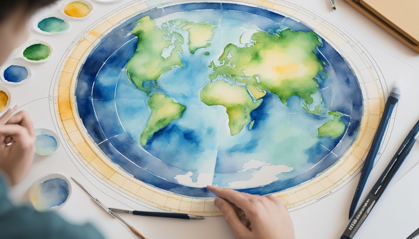 A flat earth map is being meticulously drawn with precise cartographic techniques, showcasing the phenomenon of the flat earth theory