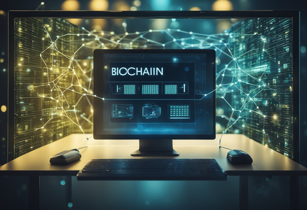 A computer screen displaying a blockchain network with interconnected nodes, while a lock and key symbolizes zero knowledge proofs in DeFi