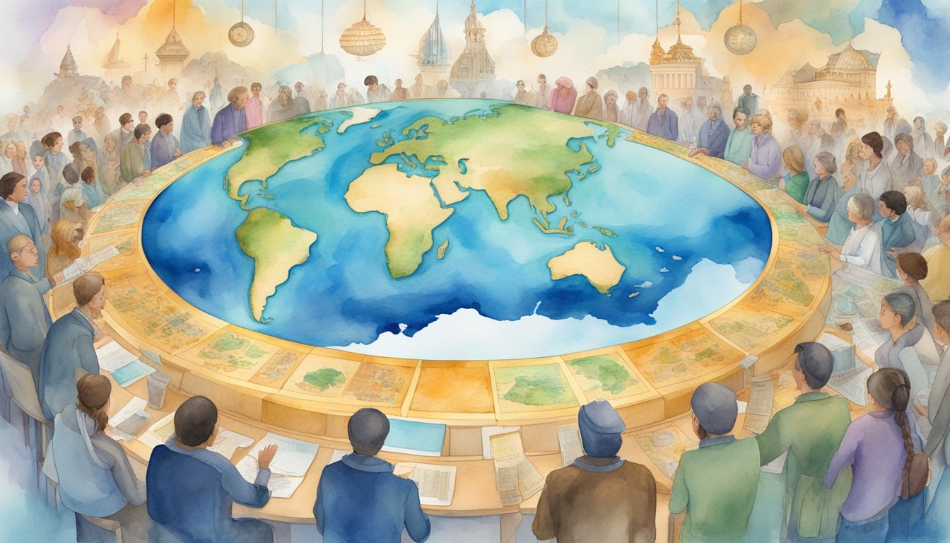 A flat earth map displayed on a large screen, surrounded by diverse cultural symbols and people engaged in lively discussion