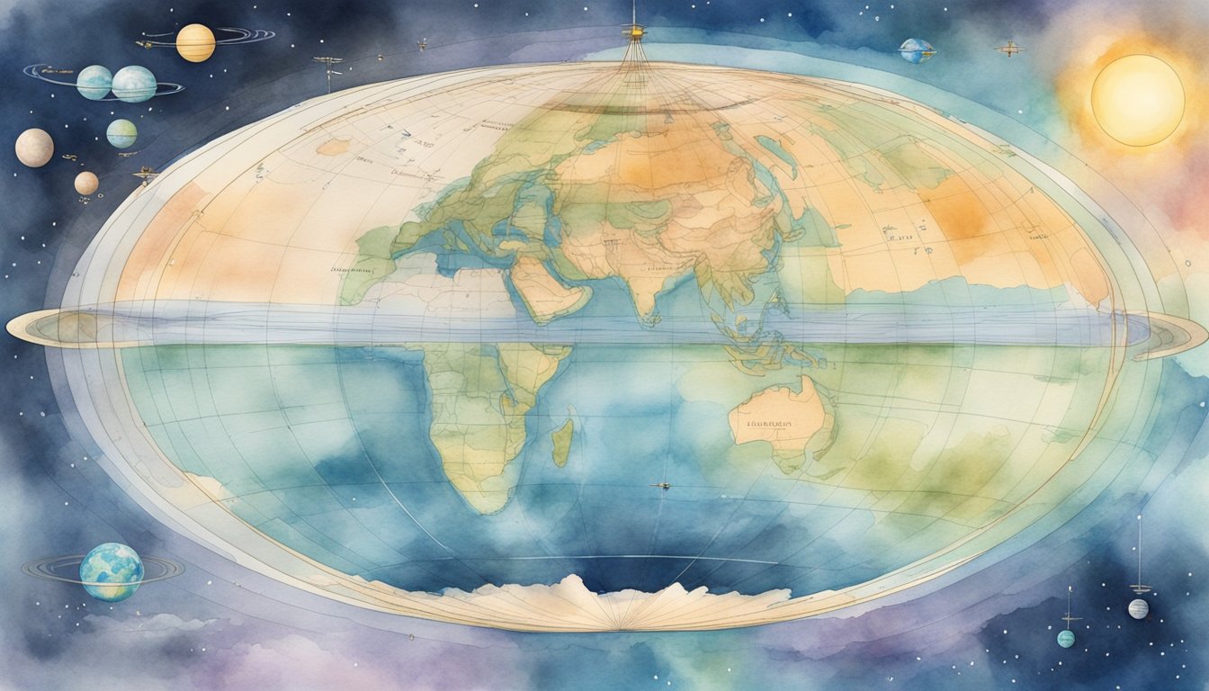 A flat earth map with labeled global navigation routes and landmarks, surrounded by celestial bodies and atmospheric layers