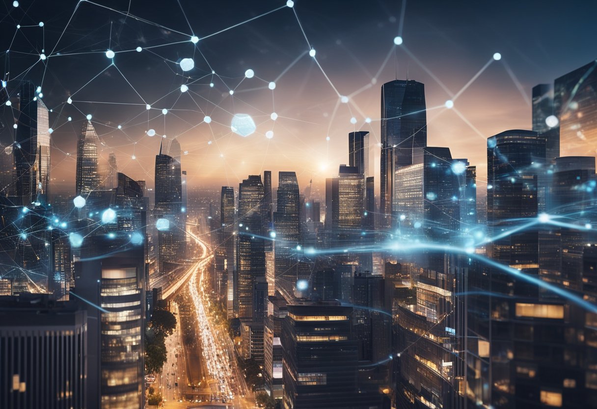 A bustling cityscape with interconnected networks of Layer 2 solutions expanding beyond Zk-Rollups, showcasing the future of blockchain technology