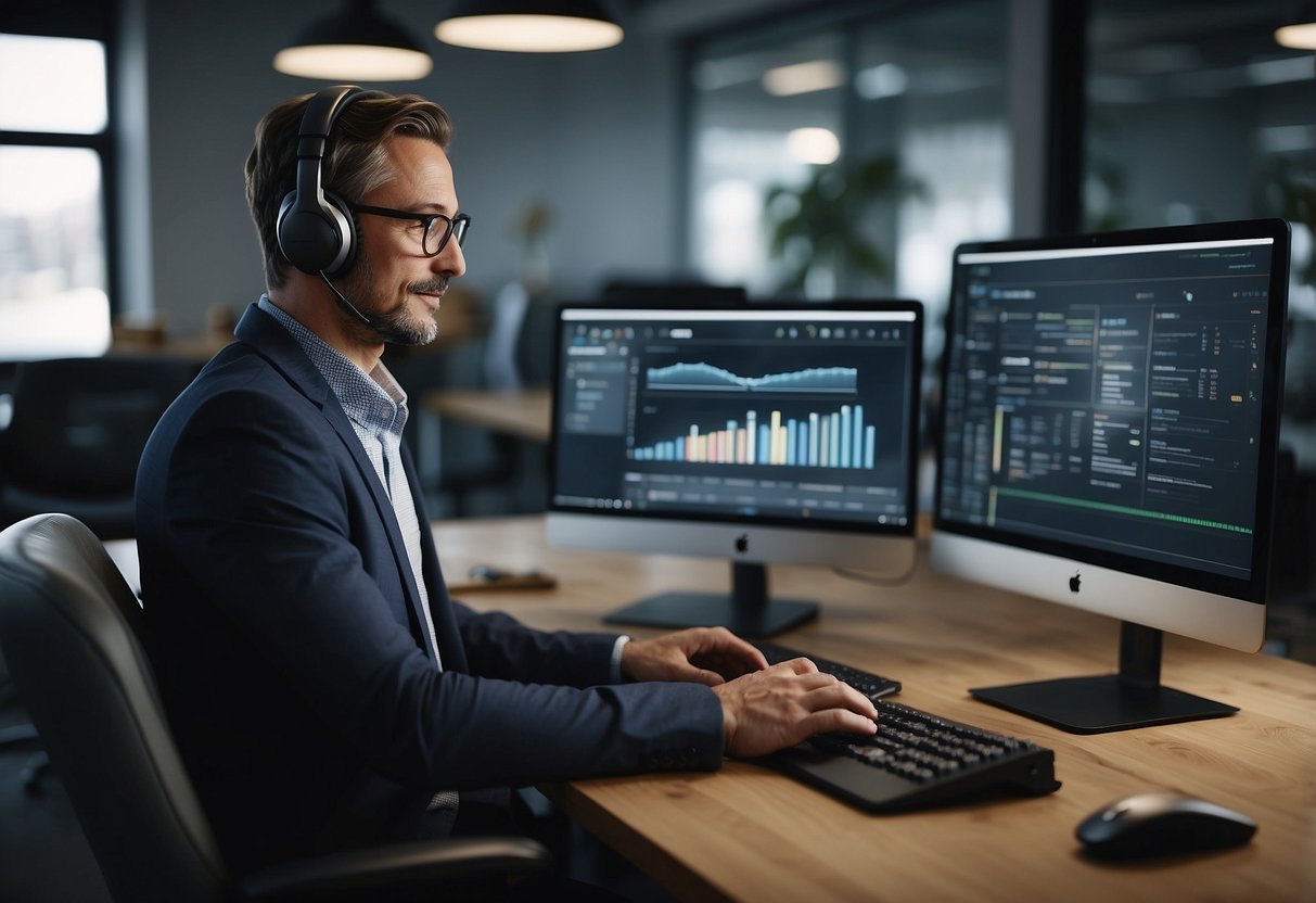 A small office with a computer, phone, and AI voice-enabled helpdesk software. A small business owner setting up the system, following a step-by-step guide on the screen