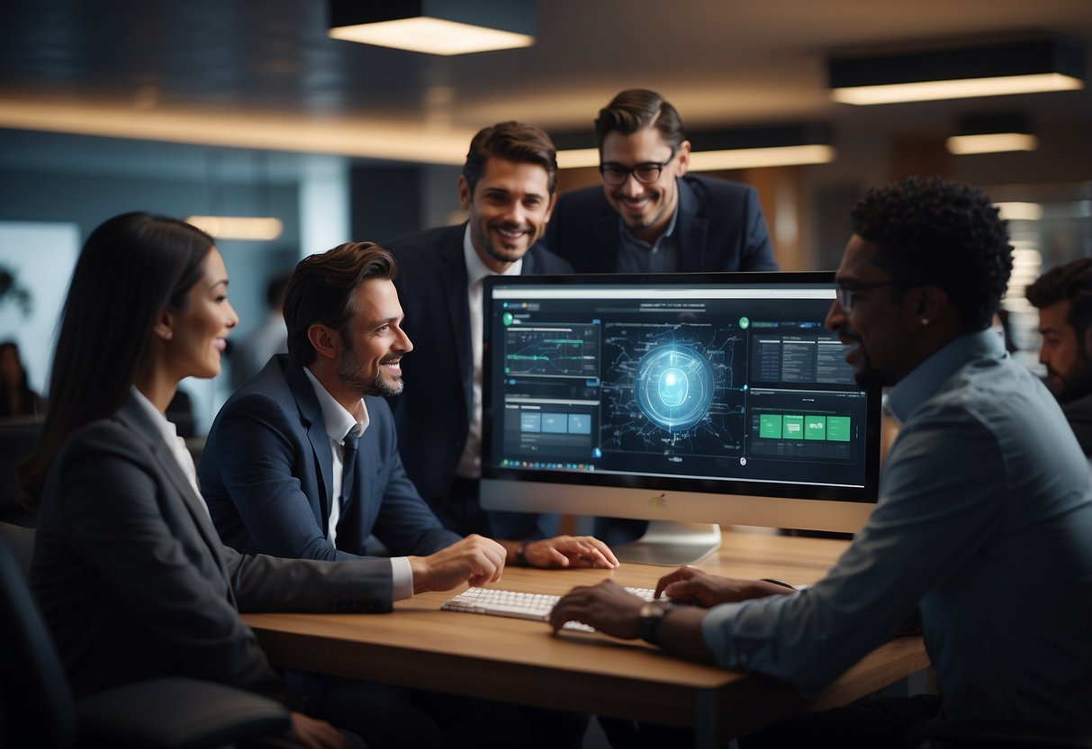 A group of employees gather around a computer screen, learning how to use AI voice features for a small business helpdesk