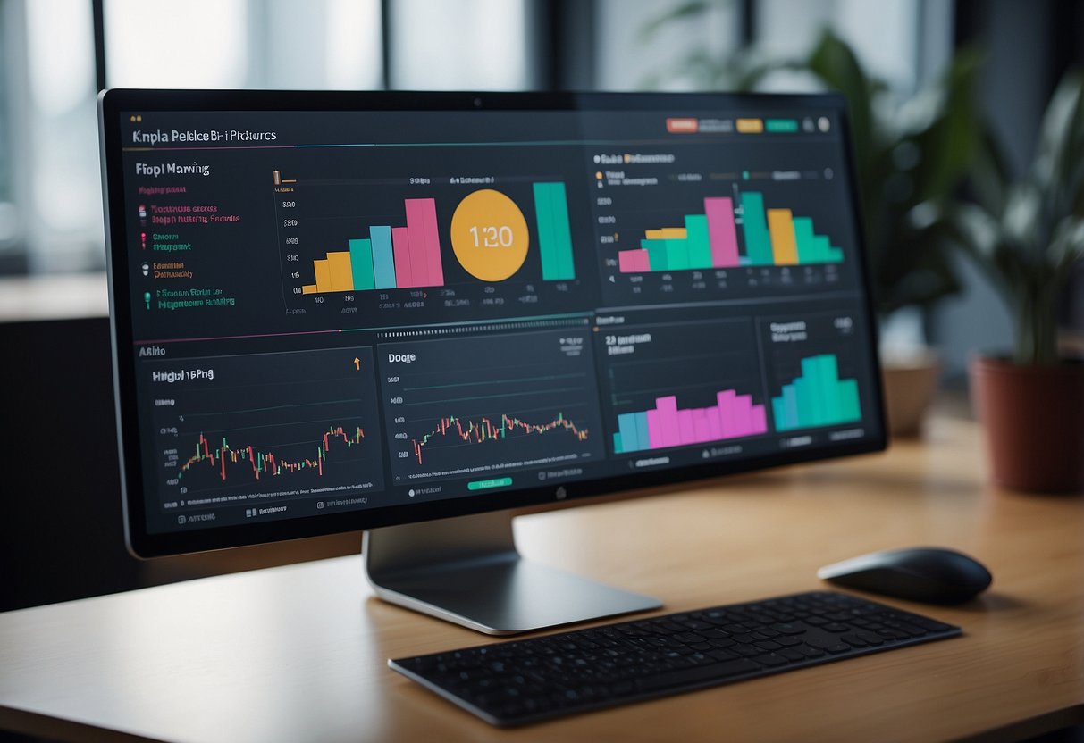 A computer screen displaying various KPIs and metrics for tracking helpdesk performance, with a voice-enabled AI system set up on a desk in a small business office