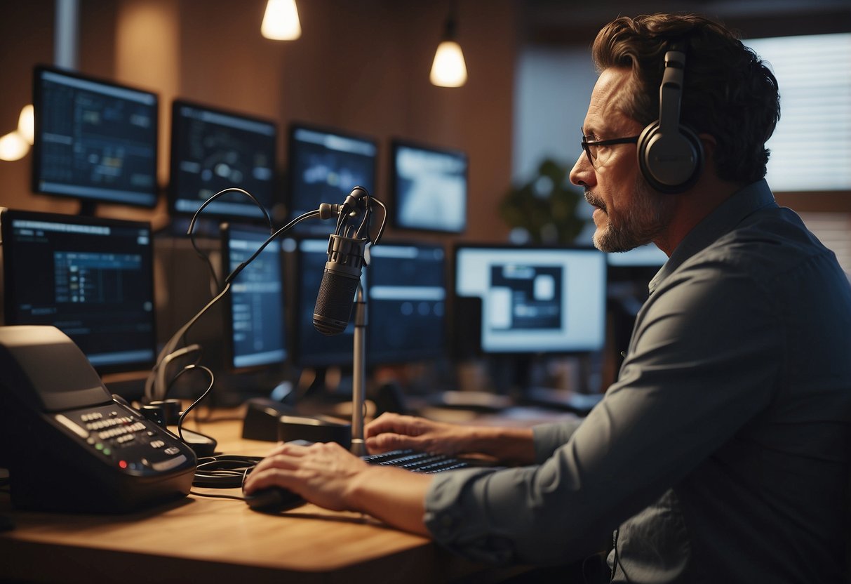 A small business owner setting up an AI voice-enabled helpdesk, surrounded by computer equipment and speaking into a microphone