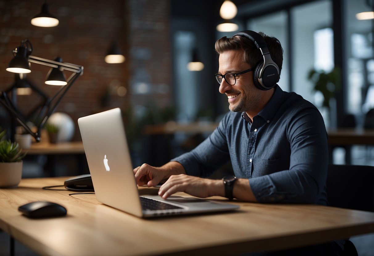 A small business owner sets up AI voice-enabled helpdesk: laptop, headset, and AI software on desk, customer service guide open