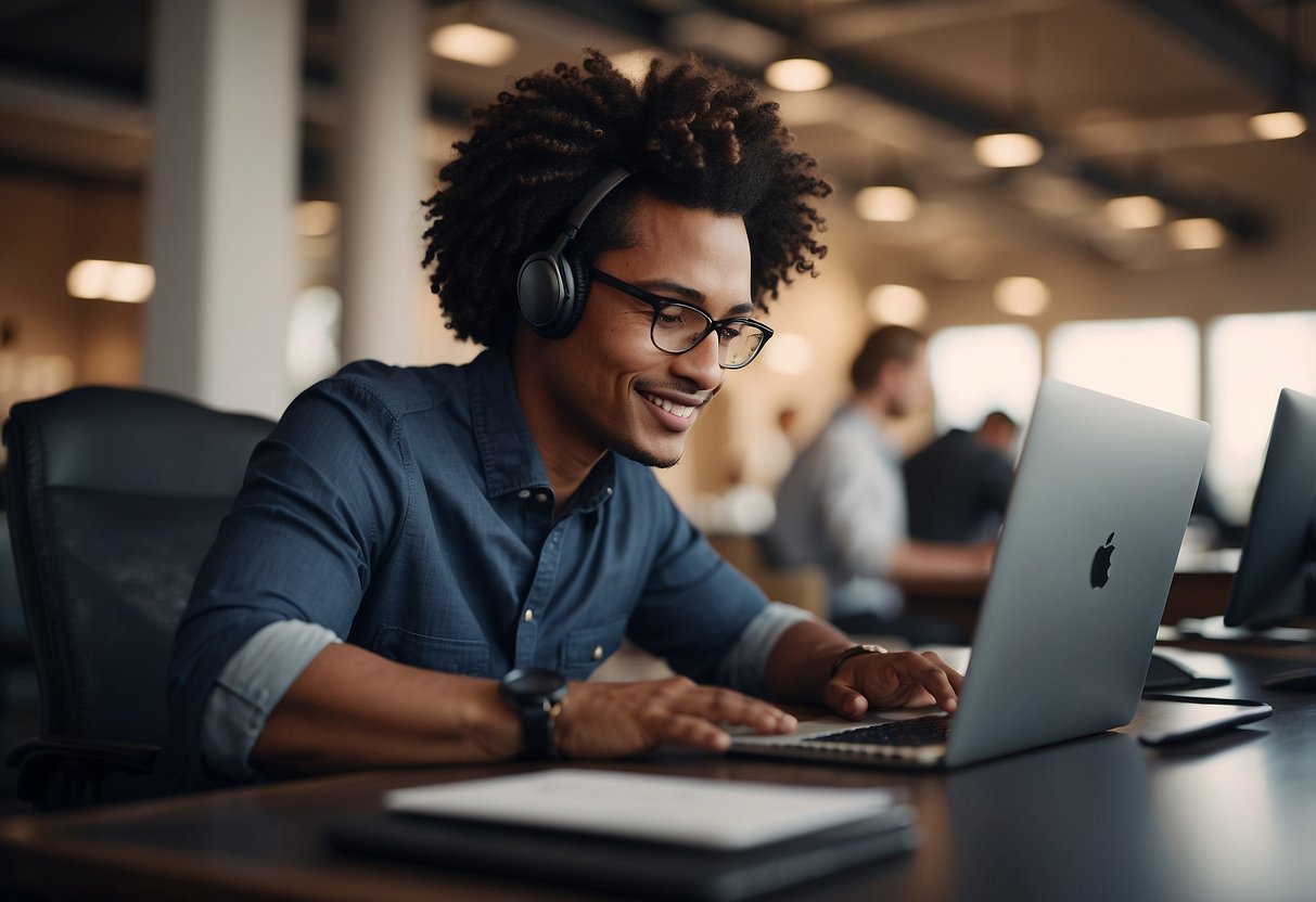 A small business owner sits at a desk, setting up an AI voice-enabled helpdesk. They follow a step-by-step guide, surrounded by a computer, phone, and AI technology