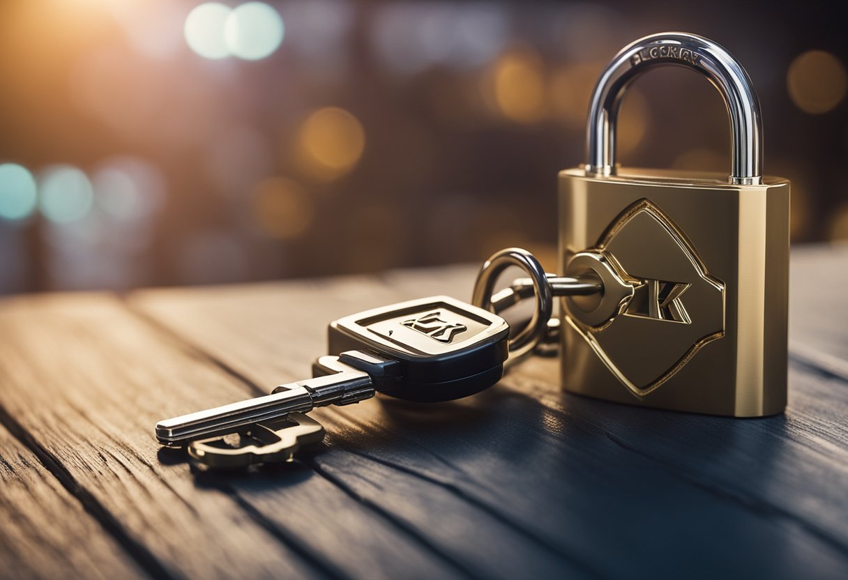 A lock and key symbolizing Zk-SNARKs securing a smart contract, with a shield representing security implications