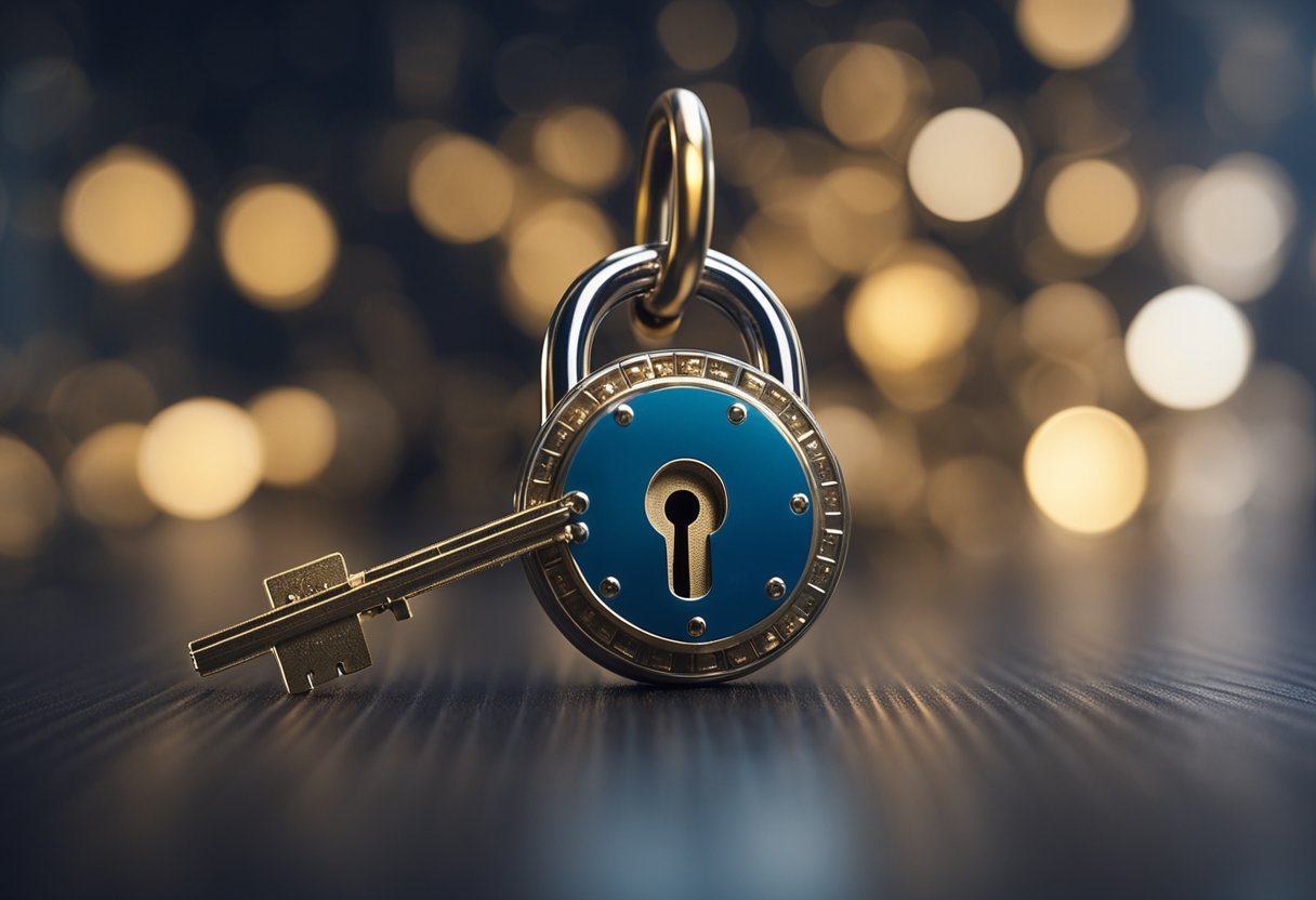 A lock with a keyhole representing data privacy. A shield surrounding sensitive information with a lock and key symbolizing the role of Zk-SNARKs in protecting user privacy