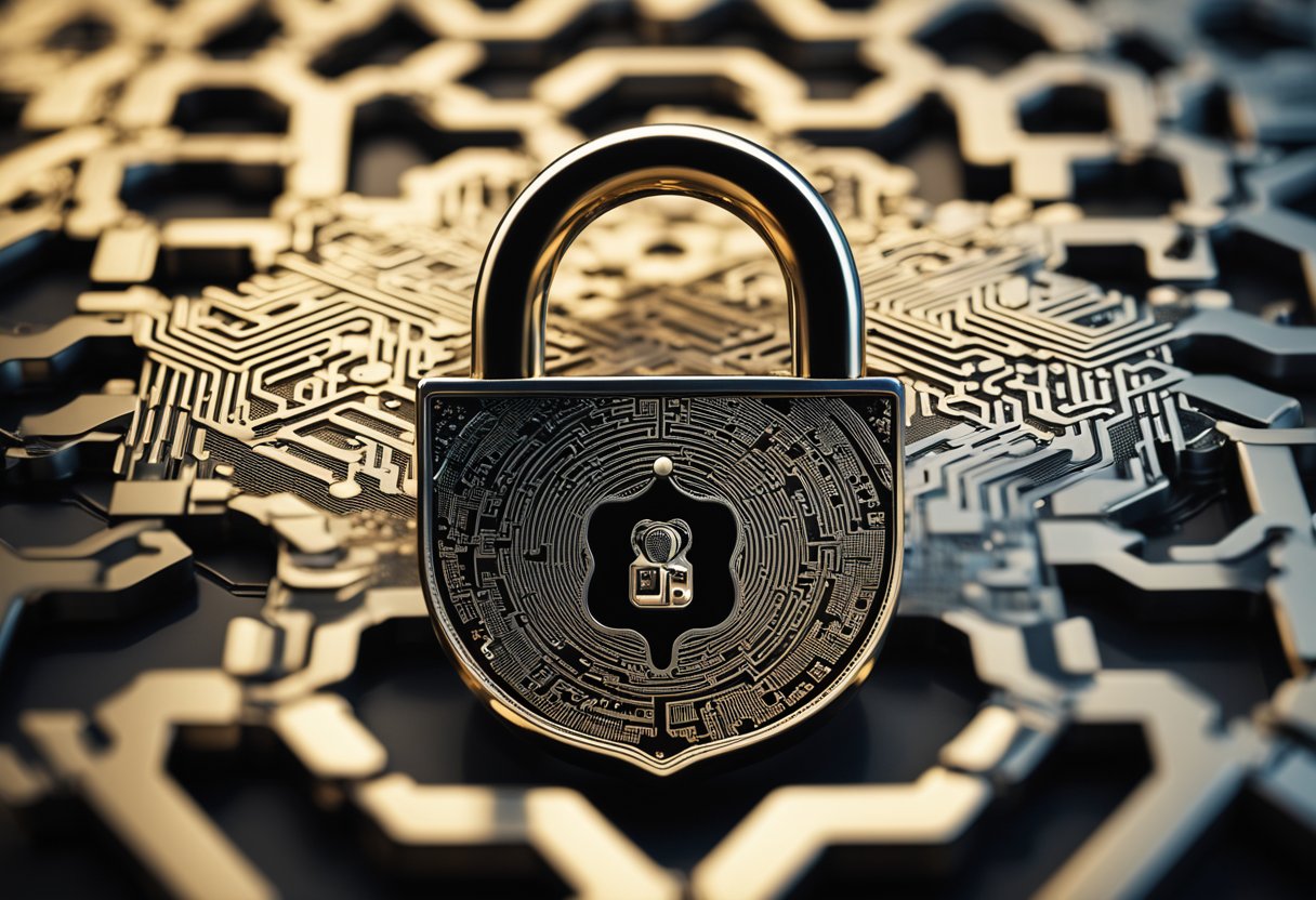 A lock with a shield symbol, representing privacy, is placed on a blockchain, with mathematical equations swirling around it, symbolizing the use of Zk-SNARKs for user privacy