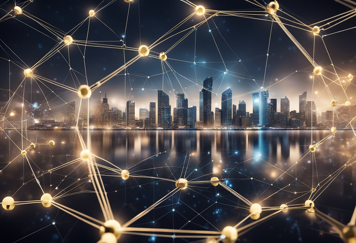 A city skyline with interconnected nodes and blocks, surrounded by a protective shield, symbolizing a decentralized, privacy-focused blockchain ecosystem