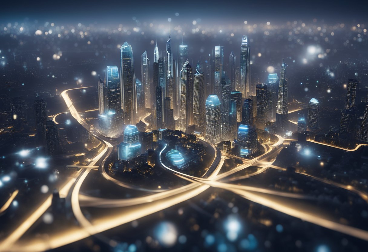 A futuristic city skyline with interconnected buildings, showcasing the innovative architecture of Zk-Rollups technology for developing DApps