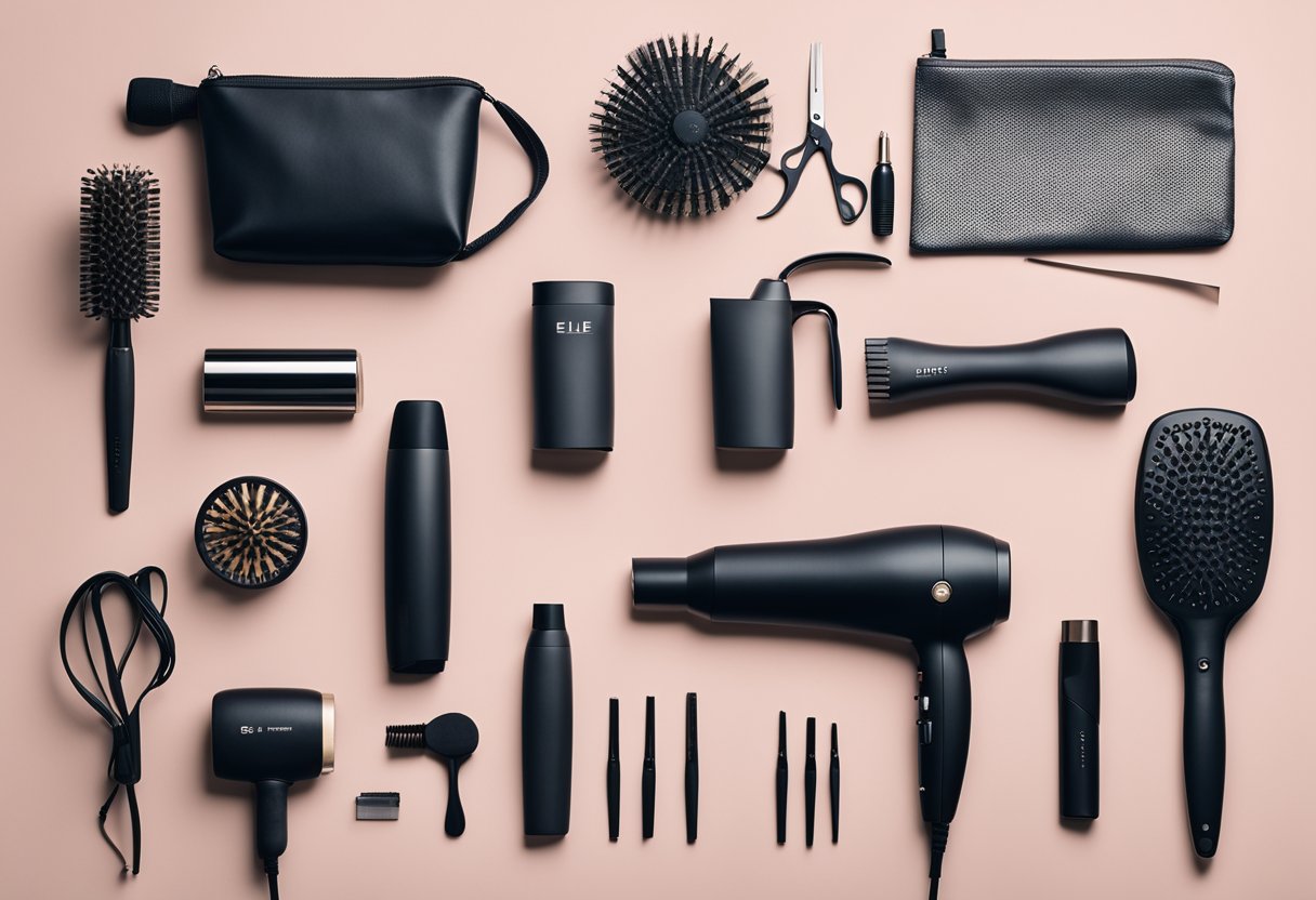 A table with hair styling tools: blow dryer, curling iron, flat iron, brushes, combs, and hair products arranged neatly