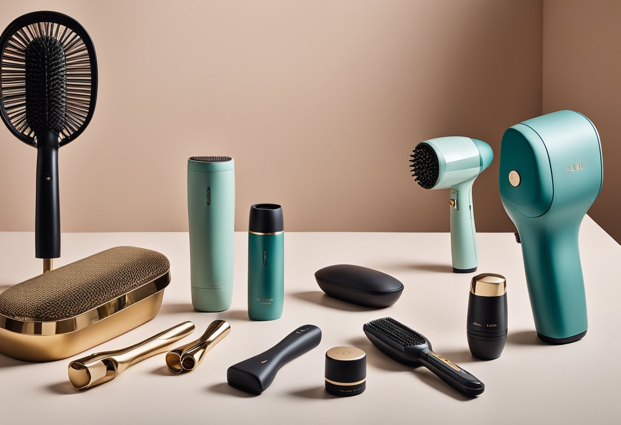 Various air styling tools arranged on a table: hair dryer, curling iron, straightener, and diffuser. Each tool has a unique design and color