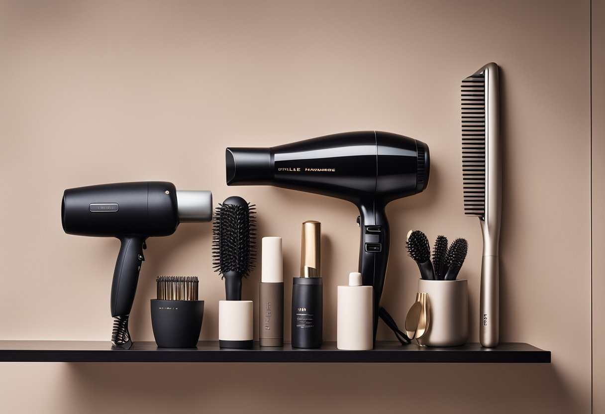 A variety of hair styling tools displayed on a shelf, including a hairdryer, flat iron, curling wand, and round brush