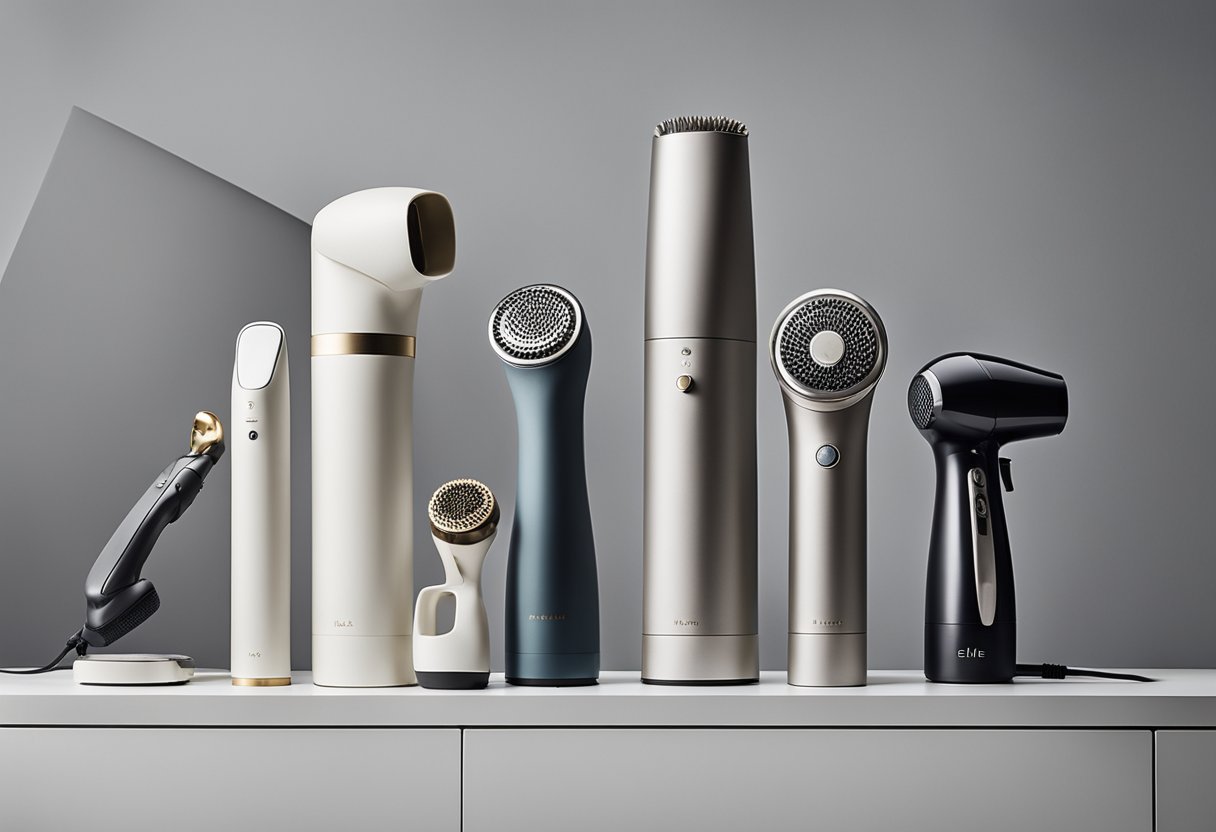 An array of modern air styling tools, including hair dryers, curling irons, and straighteners, displayed on a sleek, minimalist countertop