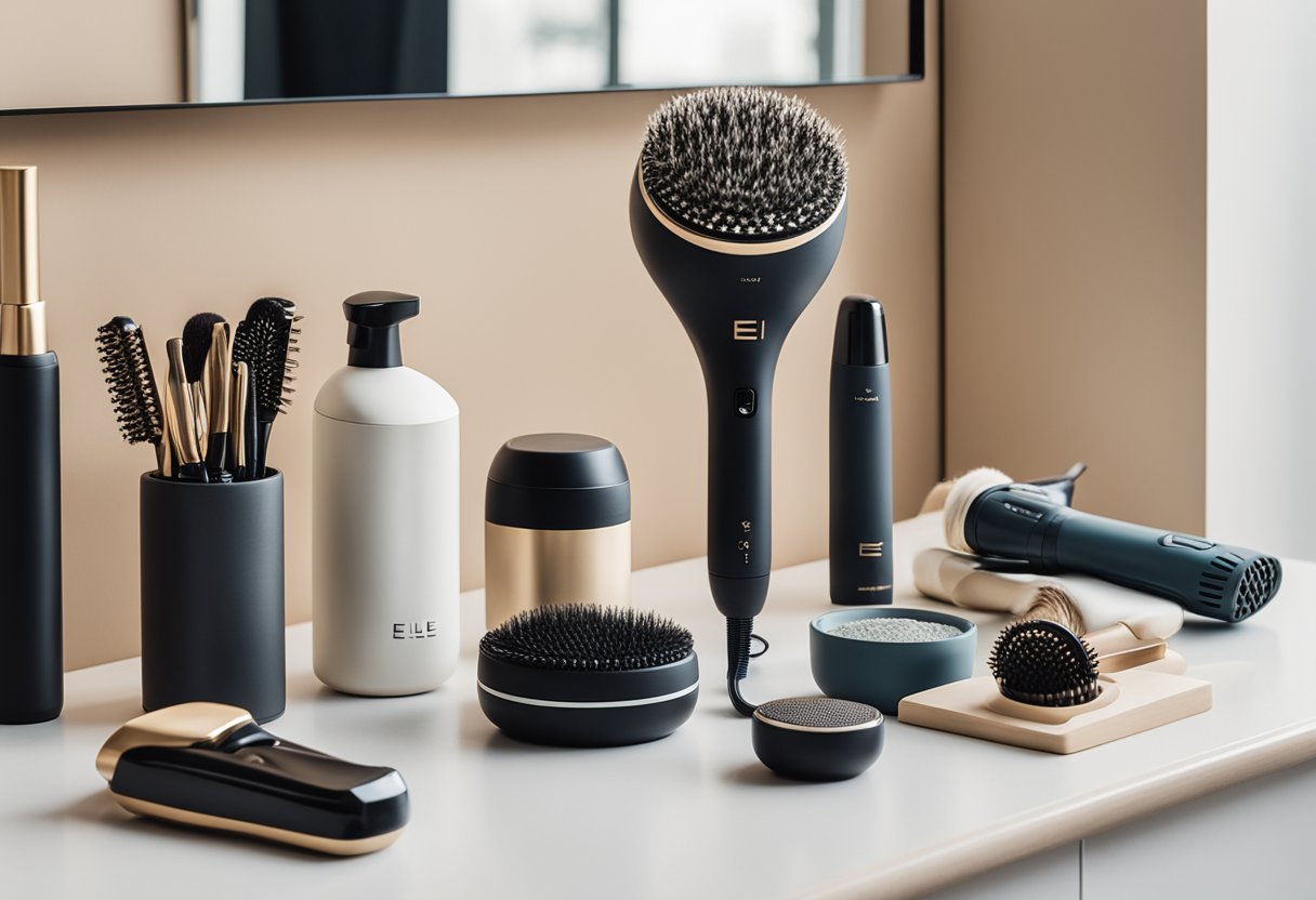 Various styling tools arranged on a clean, well-lit surface with a mirror in the background. Hairdryer, straightener, curling iron, brushes, and products neatly organized