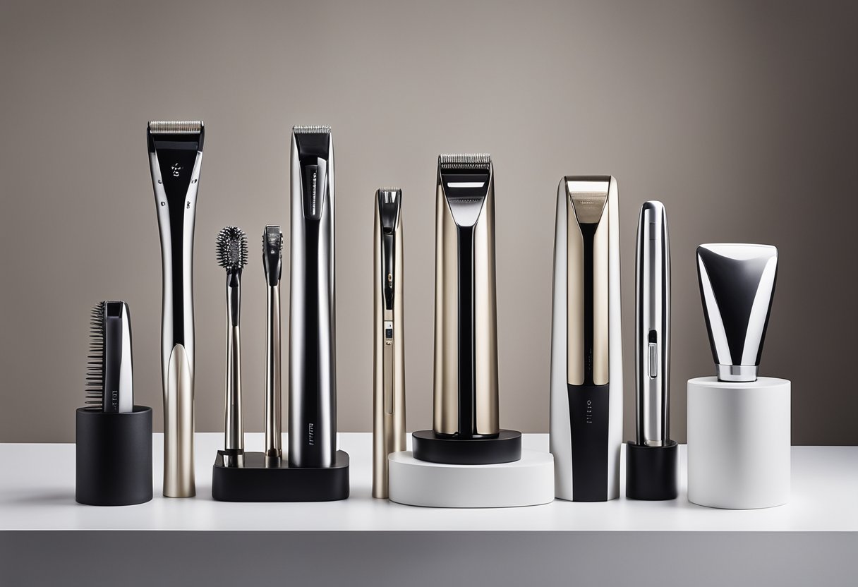 A collection of air styling tools arranged neatly on a sleek, modern display stand, with bright lighting highlighting their various features and designs