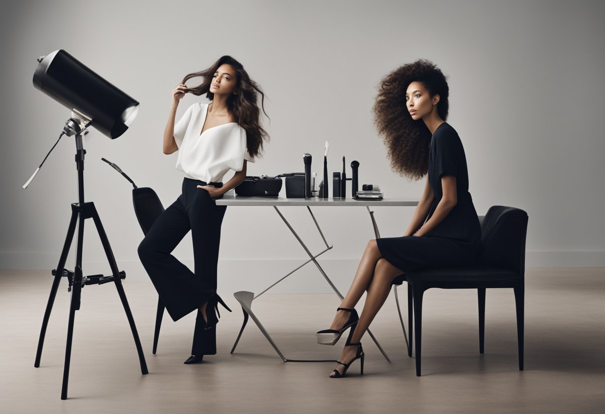 A table with various hair styling tools: hairdryer, curling iron, straightener, brushes, and combs