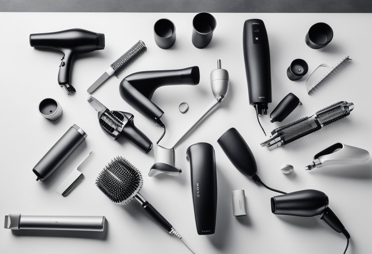 Various air styling tools, including hairdryers, curling irons, and straighteners, arranged neatly on a clean, white countertop