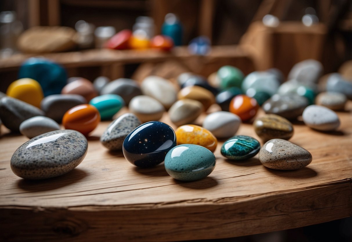 A collection of 18 rock project ideas displayed on a rustic wooden table, surrounded by art supplies and tools. Each project showcases a different use of rocks, from painting to stacking and mosaic designs